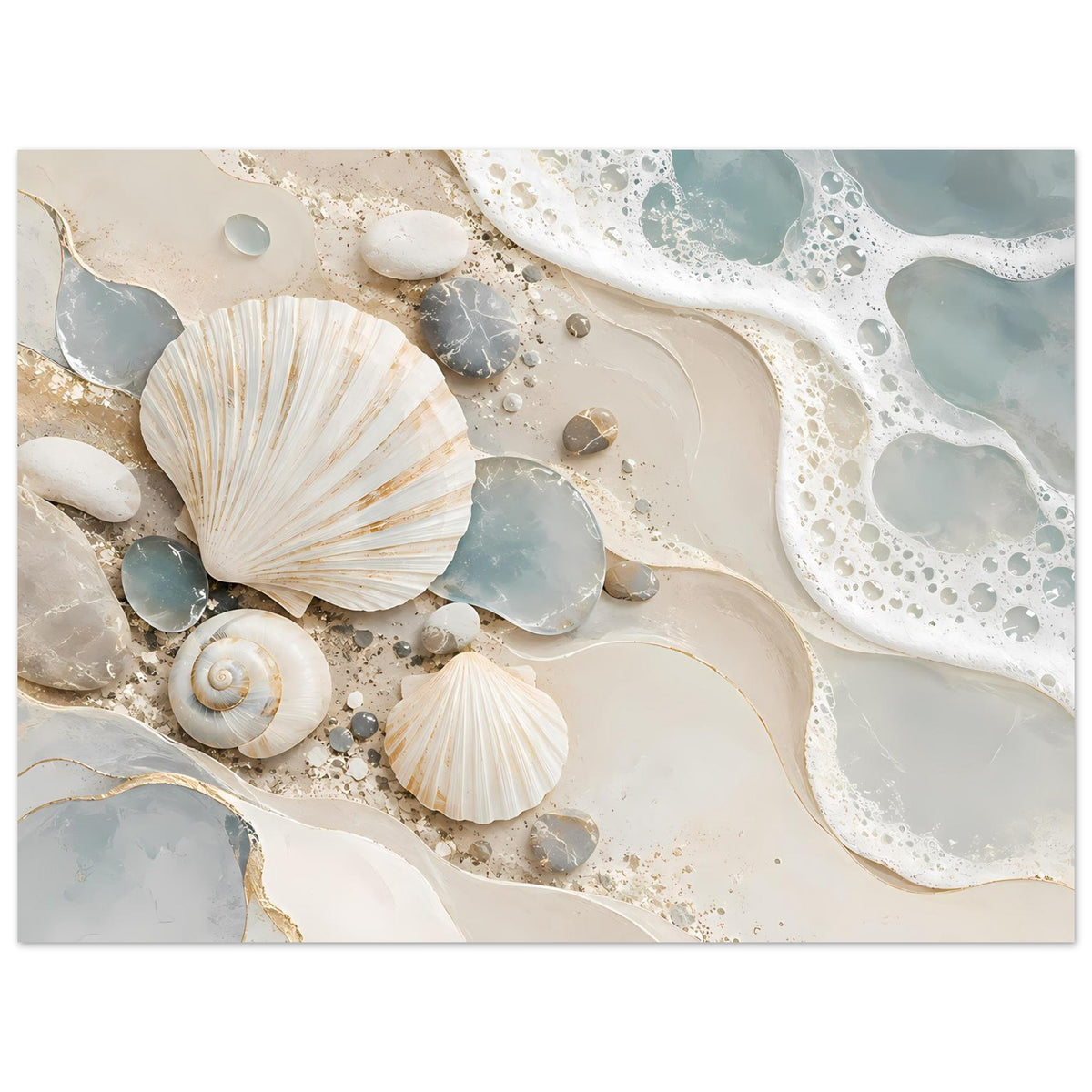 Meerblick-Poster: Meerschaum und Muscheln, Muschelspirale links, Sand und Kiesel