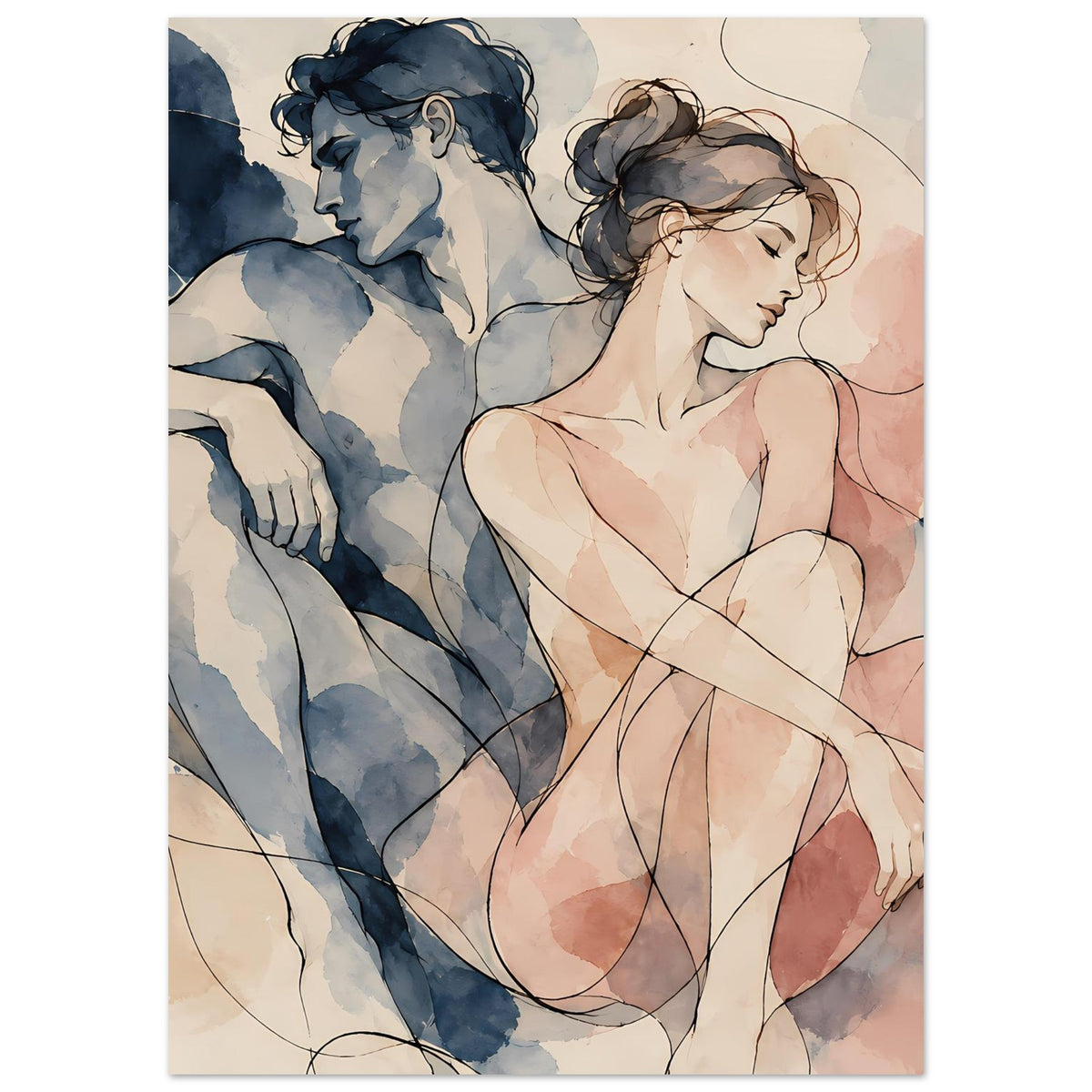 Kunstposter mit aquarellartigem Paar: Mann in Blau, Frau in Rosa, nach unten blickend