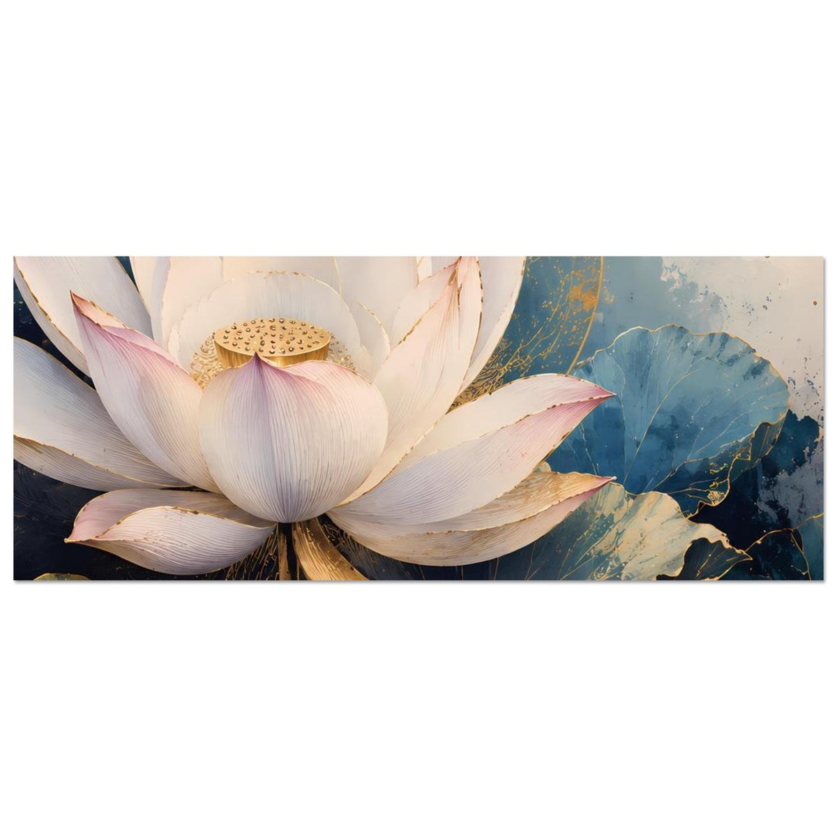 Lotusblumenposter im Querformat: große weiße Blüte, blaue Wasserlilien und Goldakzente