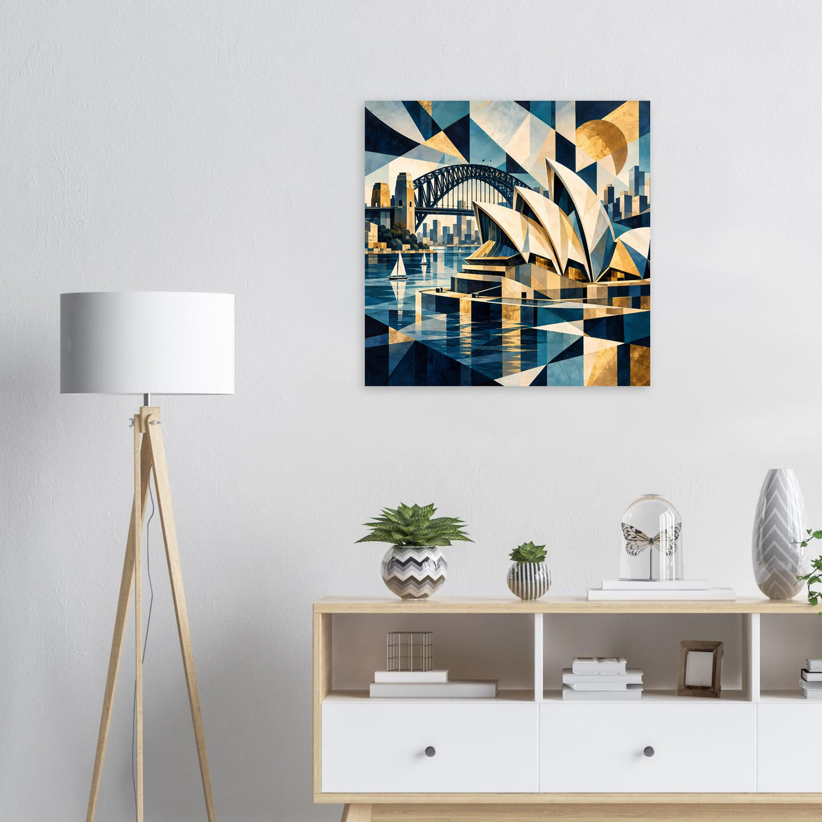 Quadratisches Poster mit geometrischem Hafen- und Brückenmotiv in Blau und Gold