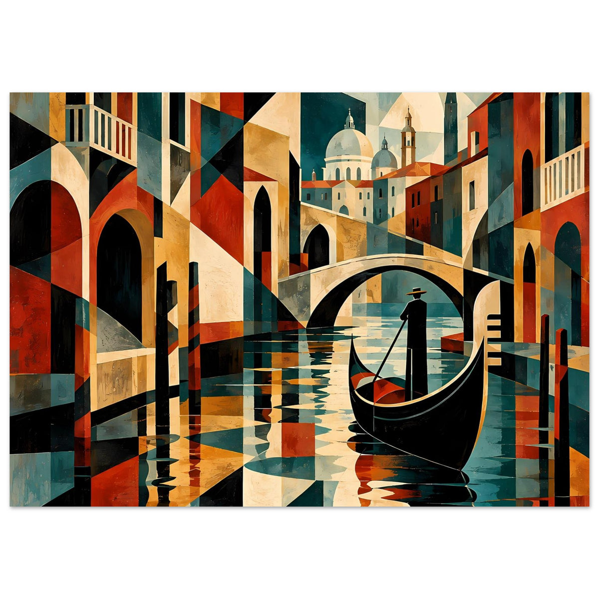 Wandposter mit Venezianer Kanalmotiv: Gondel, Architektur mit Bögen und kontrastreiche Farben