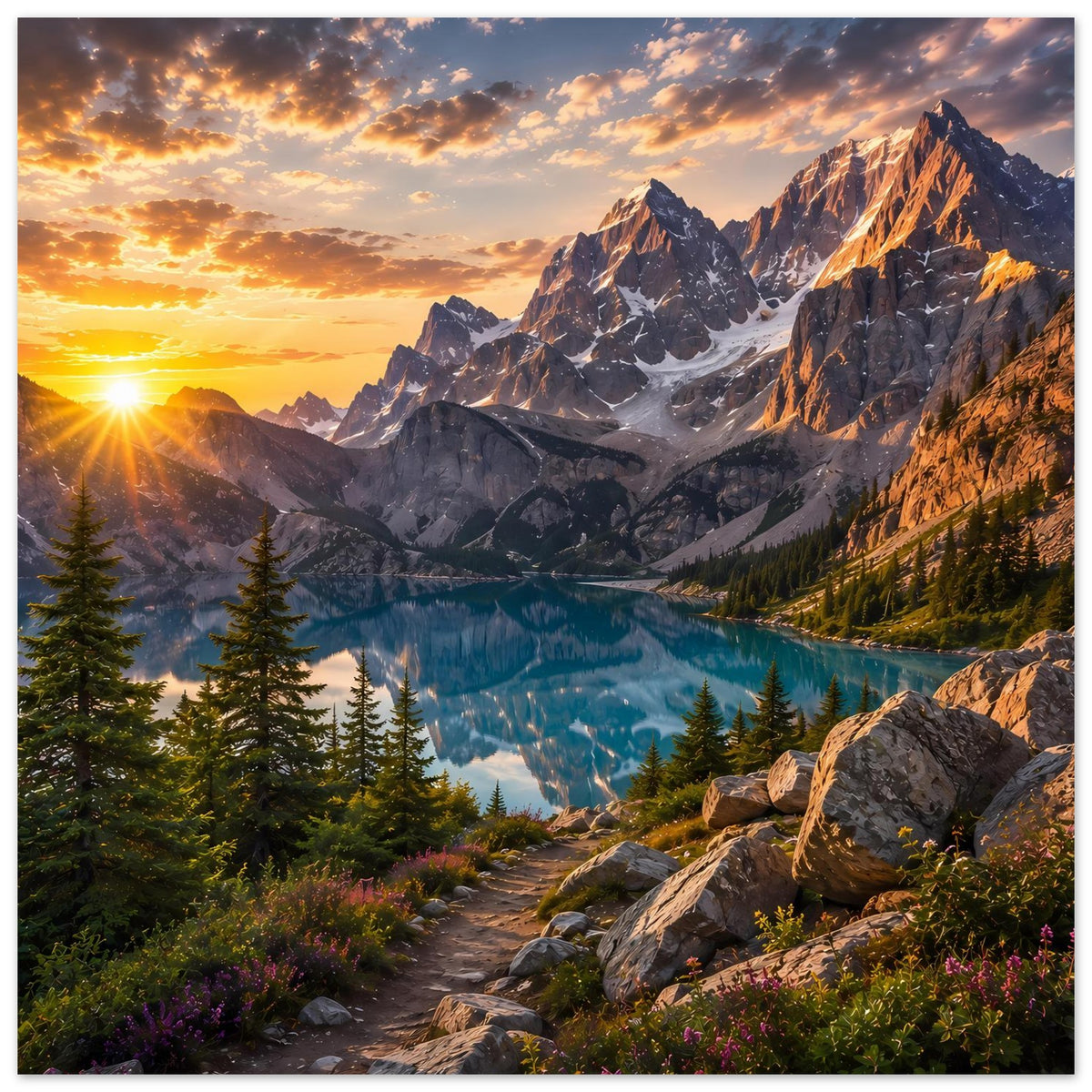 Majestätisches Berg-Sonnenaufgangs-Poster: Tal mit See, Tannen und leuchtenden Berggipfeln
