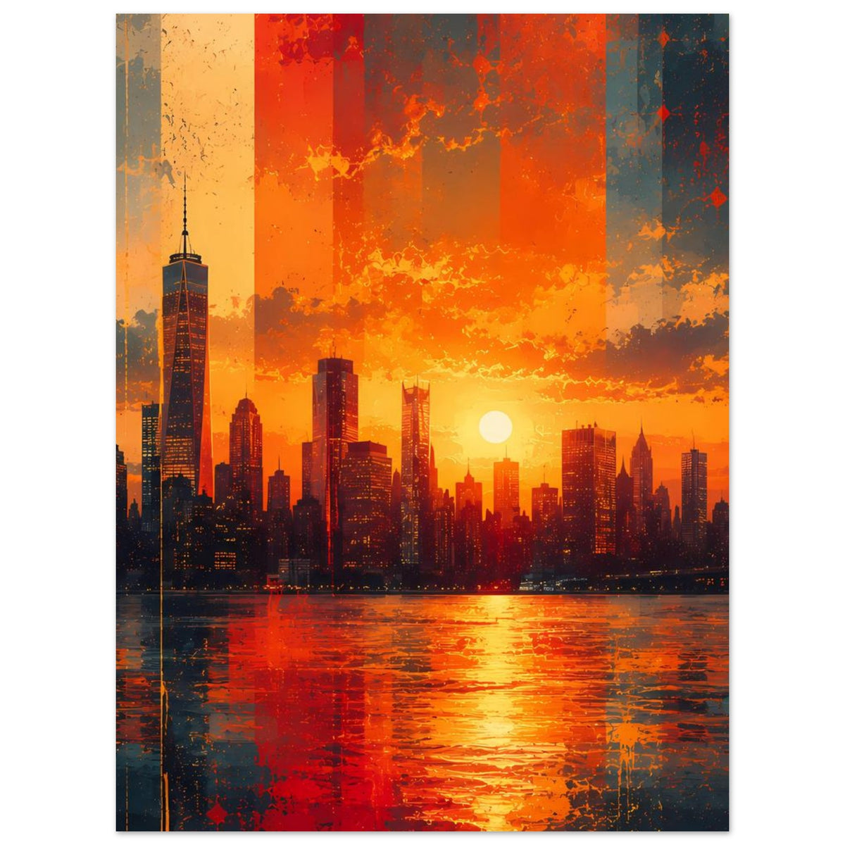 Vertikales Poster mit Großstadt-Skyline, Sonne über Horizont und Reflexion im Wasser, gerahmt