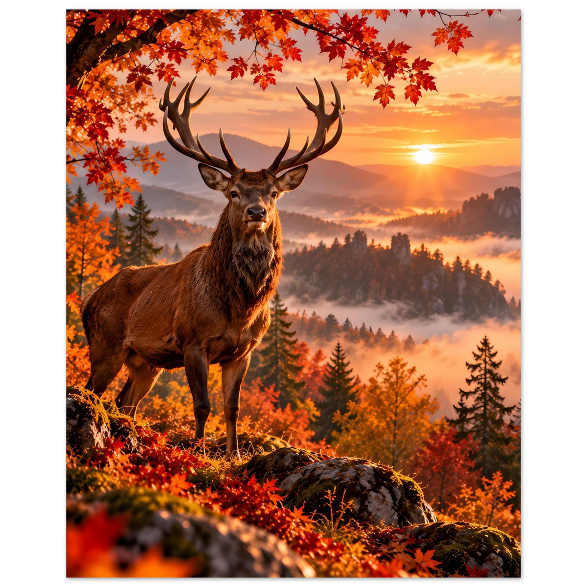 Herbstliches Hirschposter: brauner Hirsch mit Geweih unter rot-orangen Blättern im Sonnenlicht