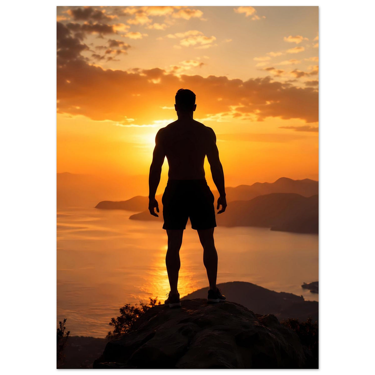 Sonnenuntergangs-Silhouettenposter mit zentraler Mannsilhouette vor warmem Himmel