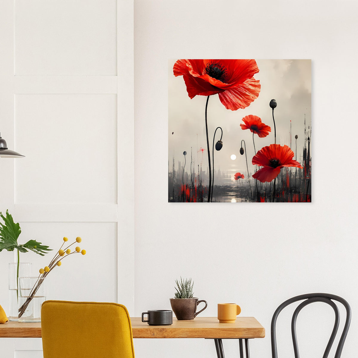 Poster mit roten Mohnblumen, schwarzen Stielen und dunklen Linien über grauem Hintergrund