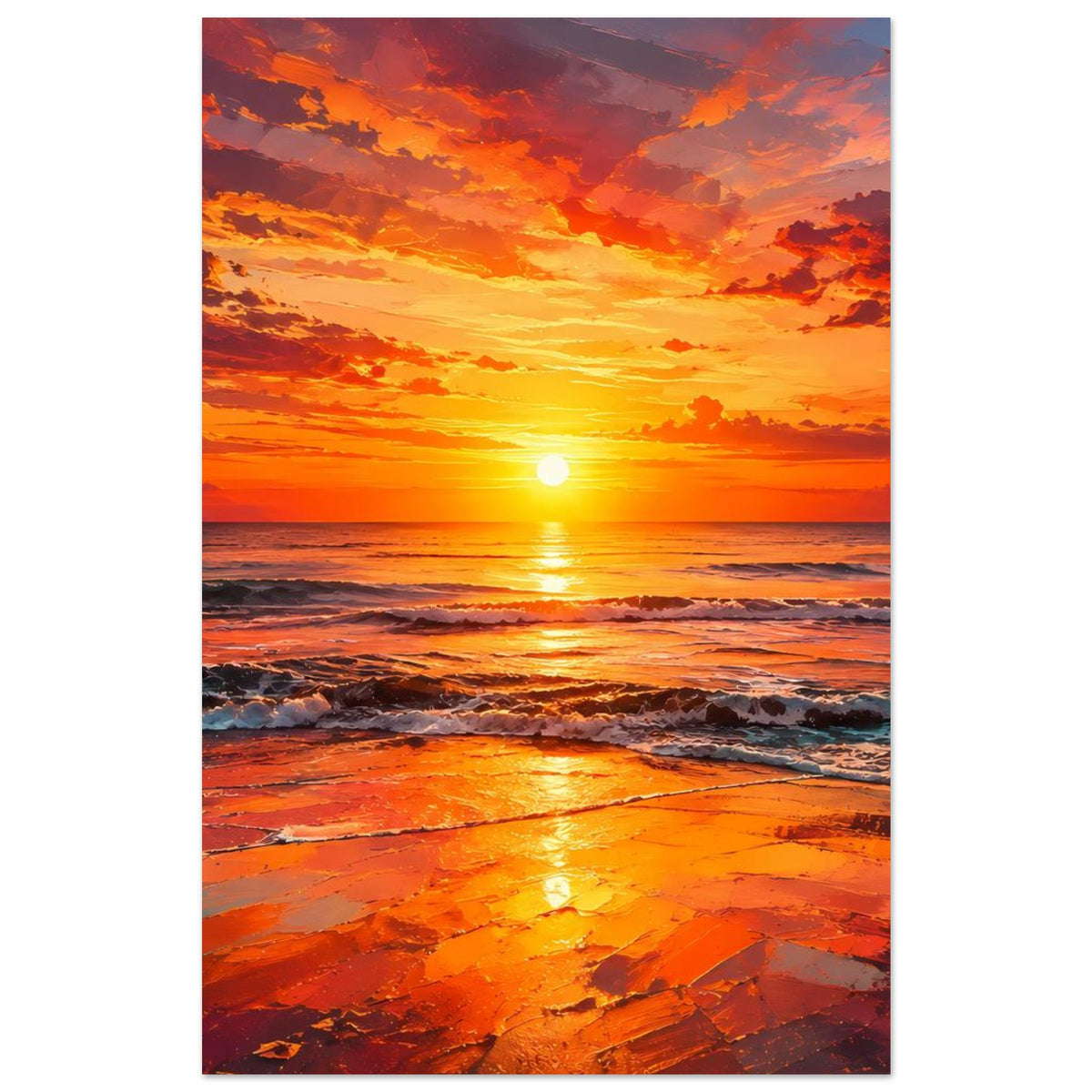 Vertikales Poster mit Sonnenuntergang am Meer: orangefarbener Himmel, Sonne am Horizont, Wellen