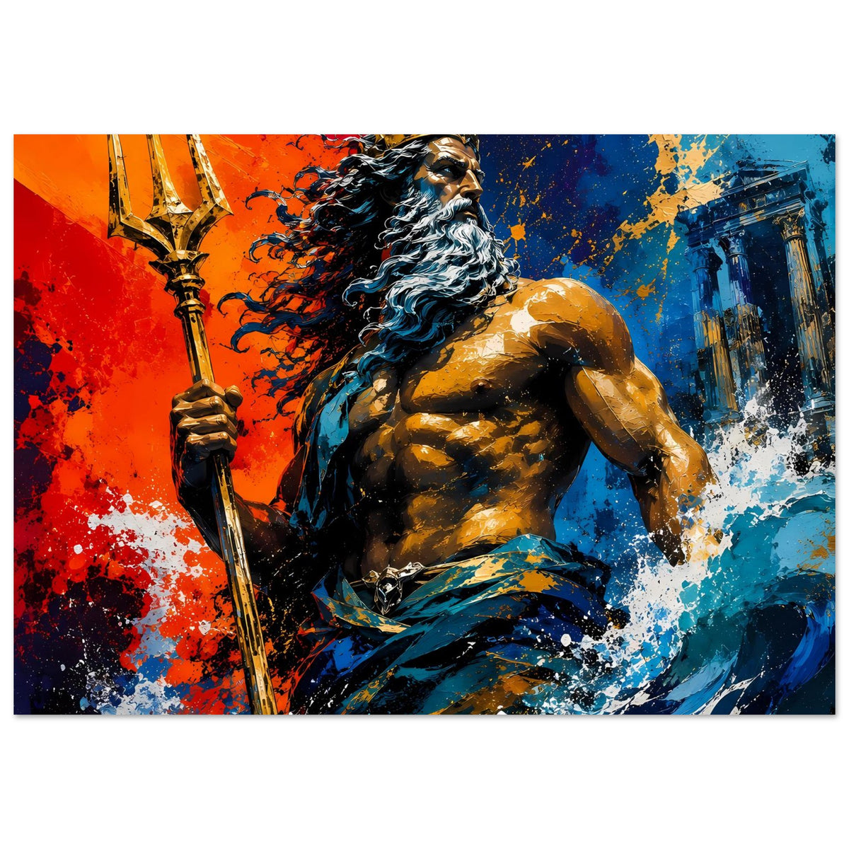 Querformat-Poster mit Poseidon-ähnlicher Figur, langem Bart und Dreizack, kräftiges Rot-Blau-Spritzdesign