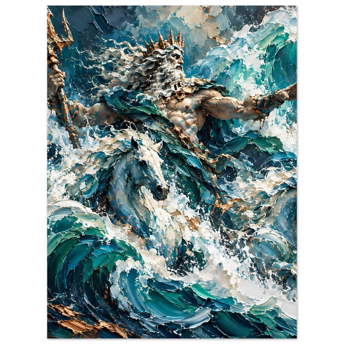 Vertikales Poster mit Neptun in blau-türkisem Meerwasser, Dreizack und ausgebreitete Arme