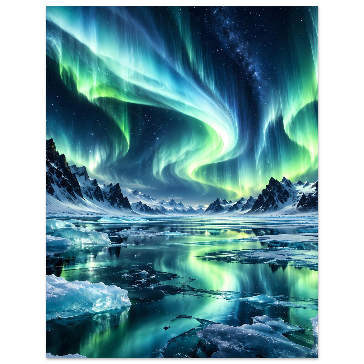 Vertikales Poster mit Nordlichtern, Eisfeldern und schneebedeckten Felsen