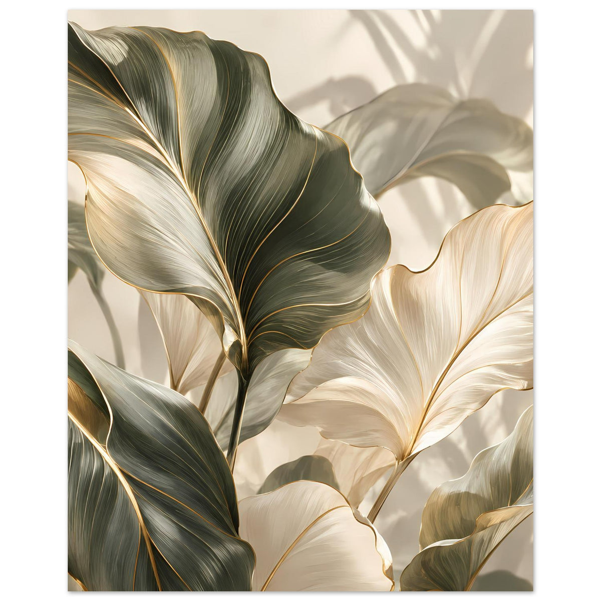 Pflanzenposter mit Blättern in Dunkelgrün und Creme, goldene Adern, Hochformat mit Rahmen