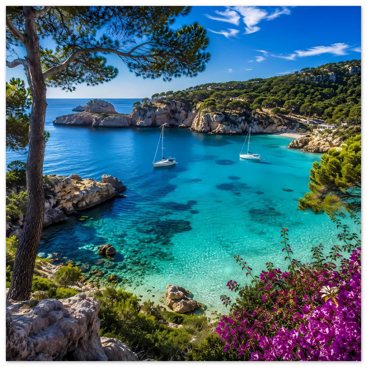 Mediterranes Küstenposter im Querformat: türkisfarbenes Meer, zwei Segelboote, Felsbucht