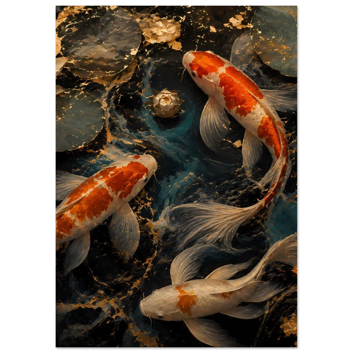 Kunstposter mit Koi-Fischen im Teich, orange-weißer Karpfen, weitere Fische und Steine