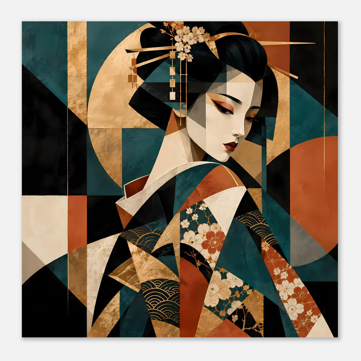 Kunstposter im Querformat: stilisierte Geisha mit Blumenstickerei am Kimono in Rot und Gold