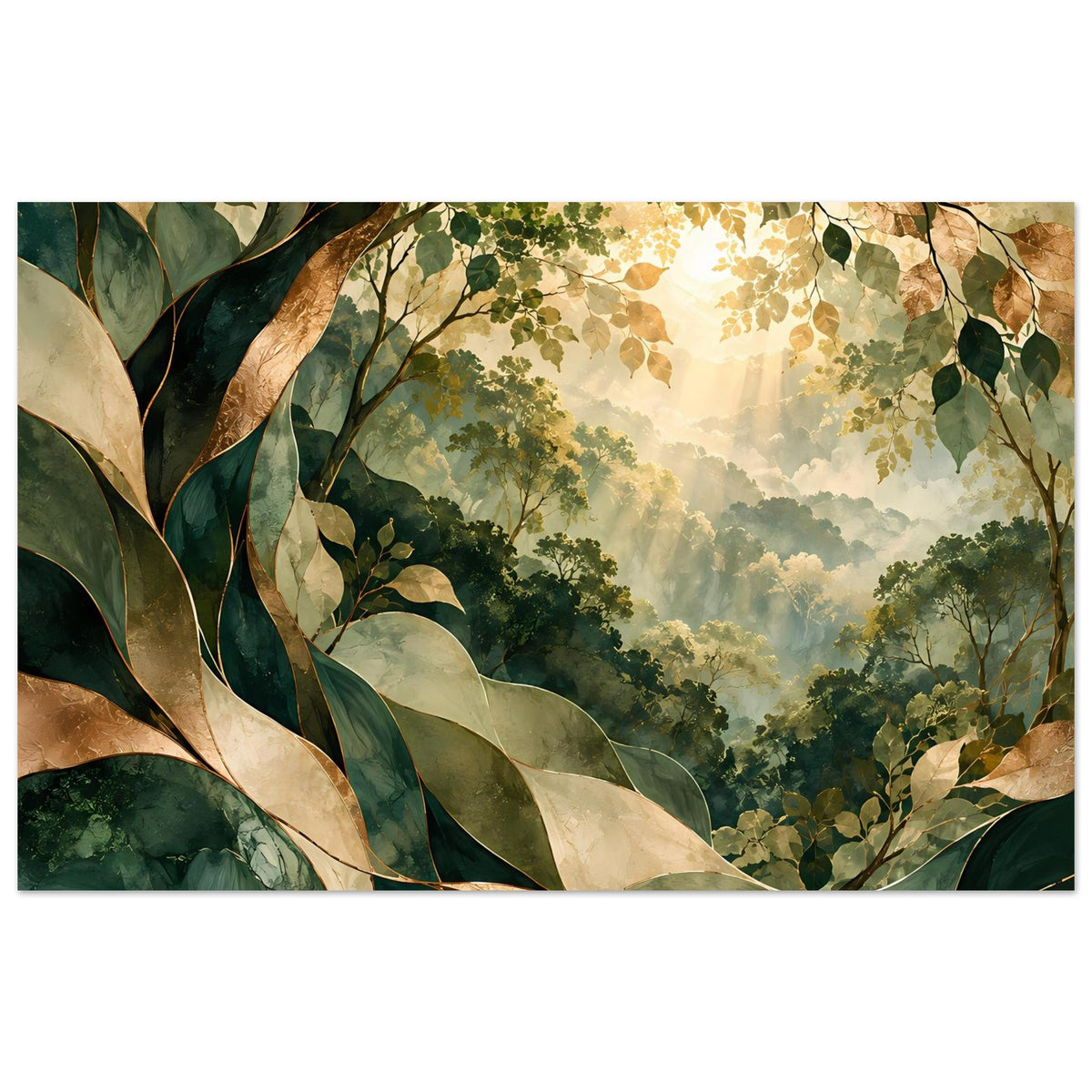 Naturposter (Querformat) mit Nahansicht von Blättern, goldbraunen Zweigen und hellem Hintergrundlicht.