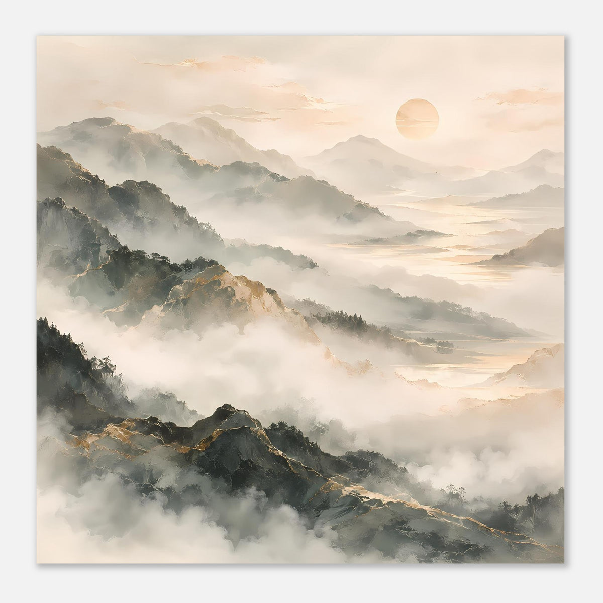 Horizontales Poster mit nebligen Gebirgen, weichem Licht und großer Sonnenscheibe