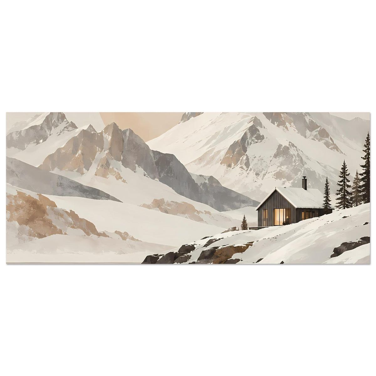 Breites Poster im Querformat mit verschneiter Berglandschaft, See-Reflexion und Hütte