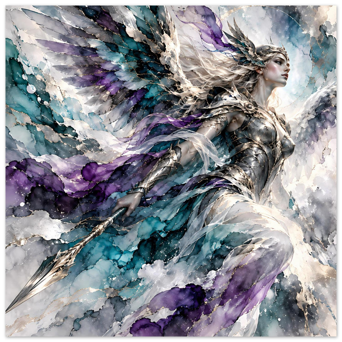 Fantasy-Poster mit Kriegerengel im Flug, Flügel in Blau-Violett, schimmernde Rüstung