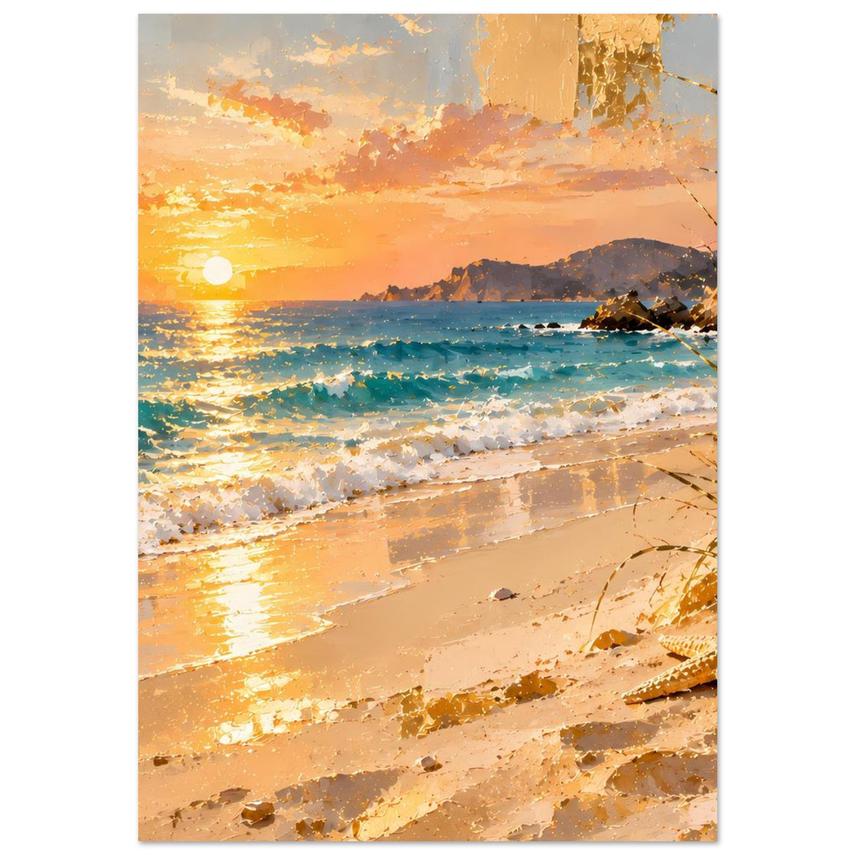 Vertikales Poster Strand bei Sonnenuntergang: leuchtende Sonne, Meer, sandige Uferlinie