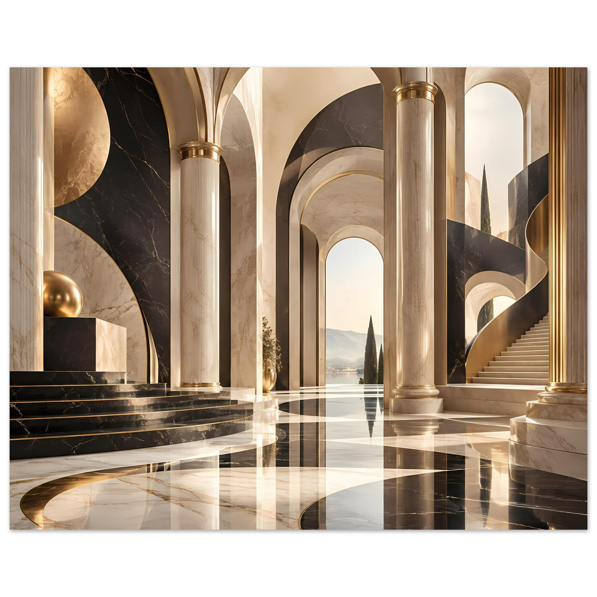 Gerahmtes Architekturposter: Säulengang mit Goldakzenten, schwarzer Marmoroptik und weiten Bögen