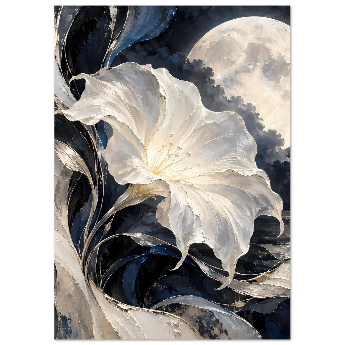 Blumenposter im Hochformat mit weißer Blüte, dunklen Pinselblättern und großem Mond