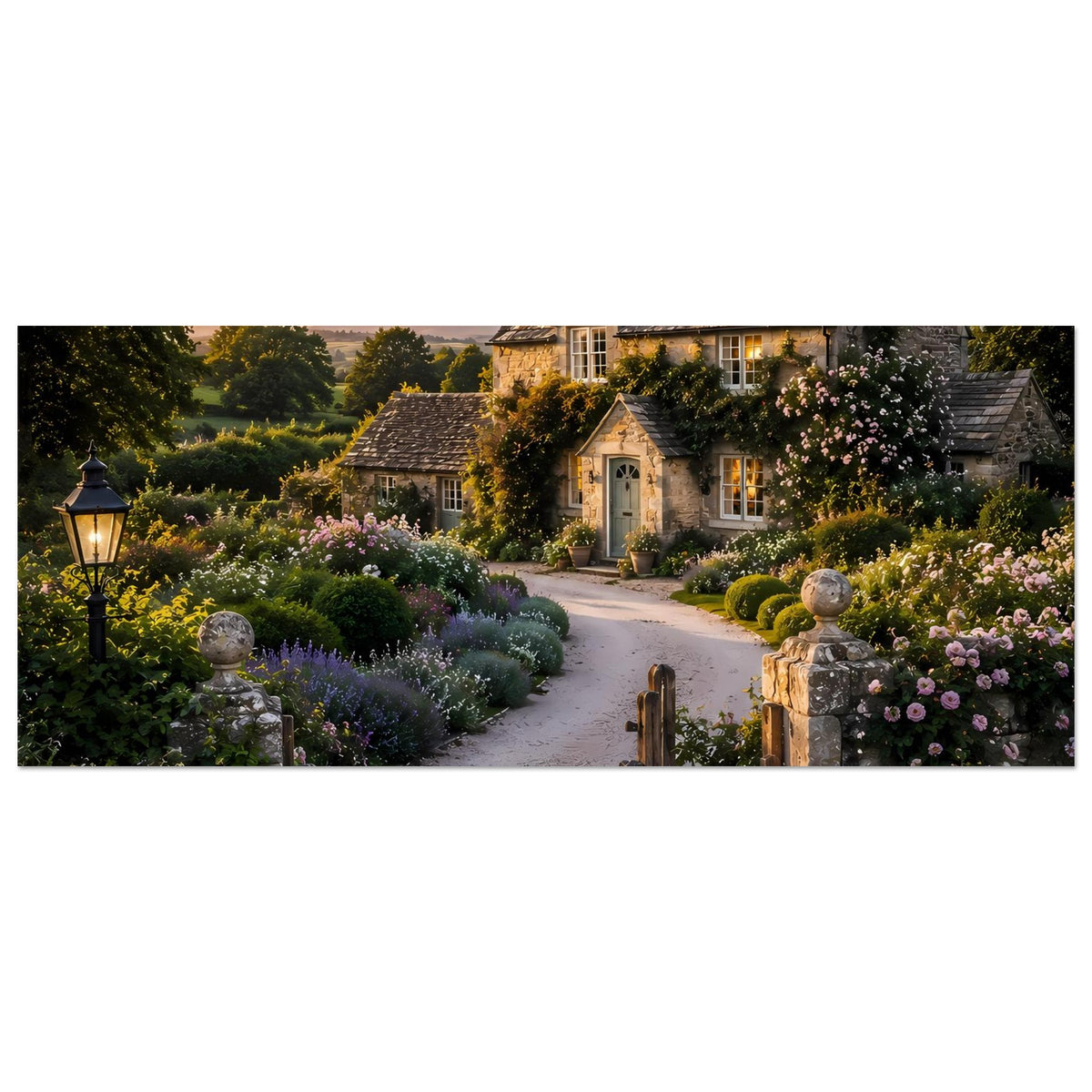 Premium-Poster im Querformat: Cottage, Blumenrabatten und Steinzaun mit Tor