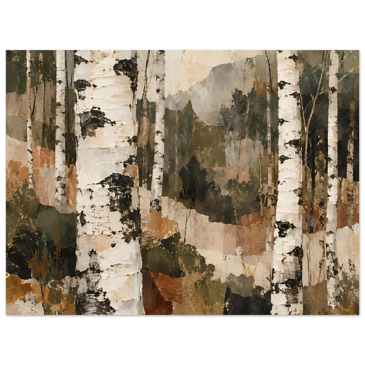 Kunstposter mit Birkenwald-Motiv, Querformat; viele vertikale Birkenstämme, beige und dunkelgrün