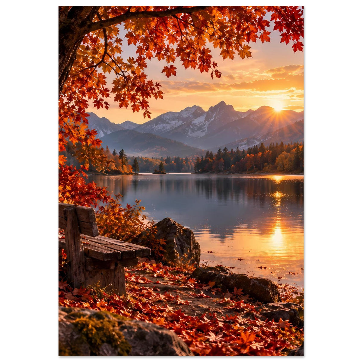 Herbstlandschafts-Poster: Abendsonne über den Bergen, spiegelnder See, rotes Laub, Holzbank