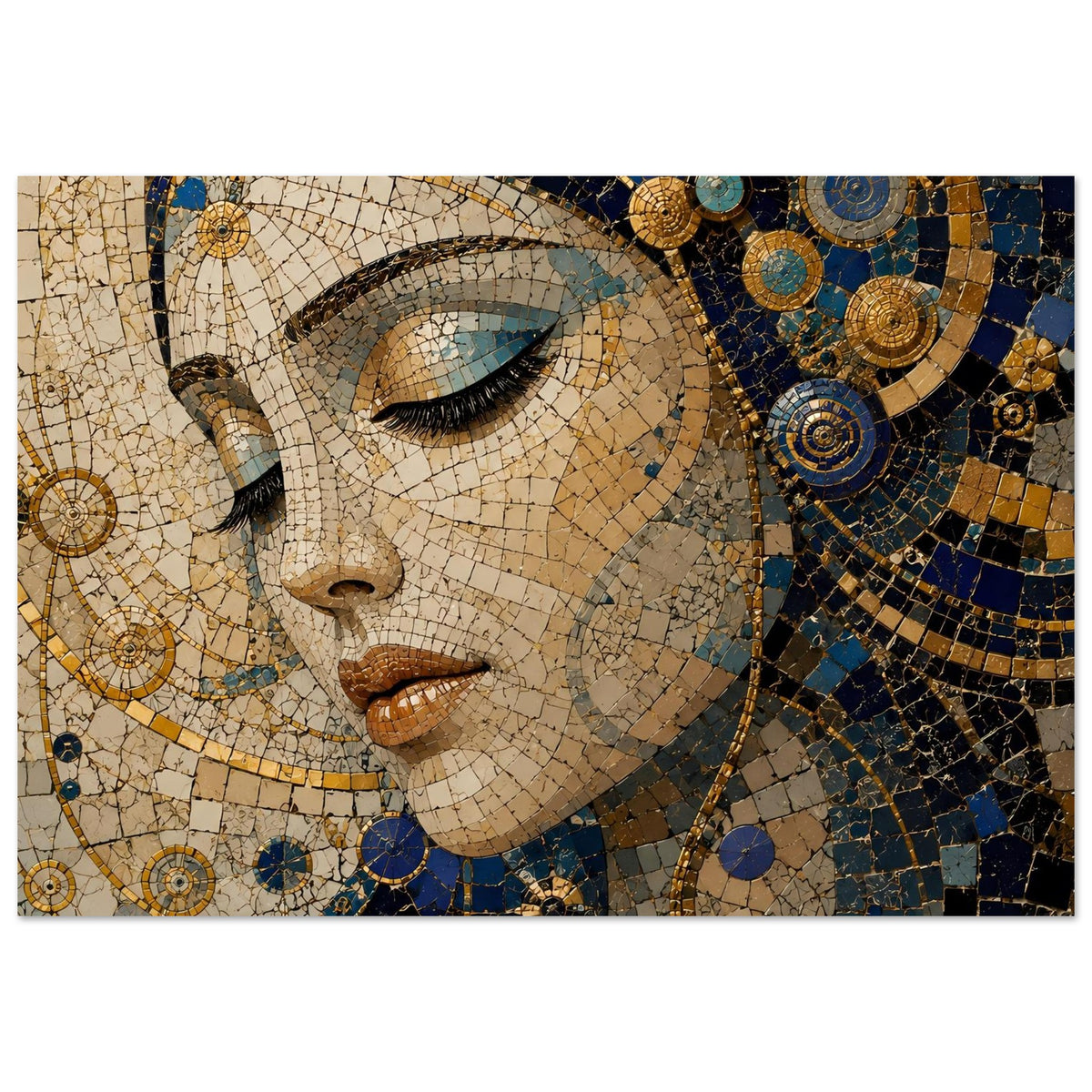 Poster mit Mosaik-Portrait einer Frau, Augen nach links, Blau und Gold, mit Rahmen