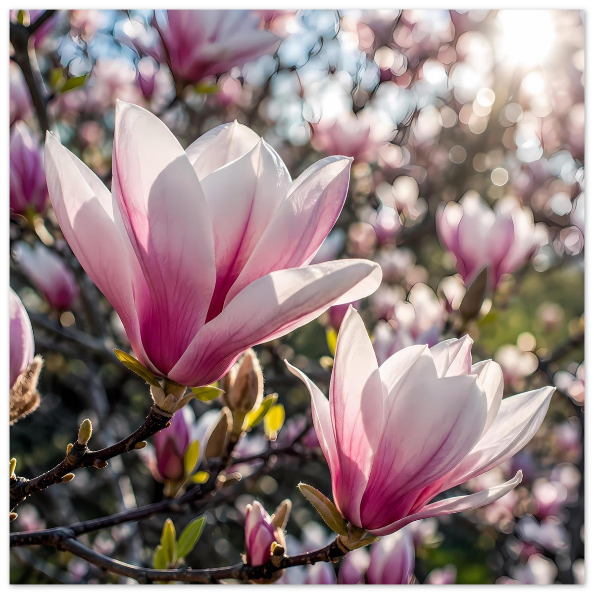Poster mit rosa-weißen Magnolienblüten an dunklem Ast, mehrere Blüten nebeneinander