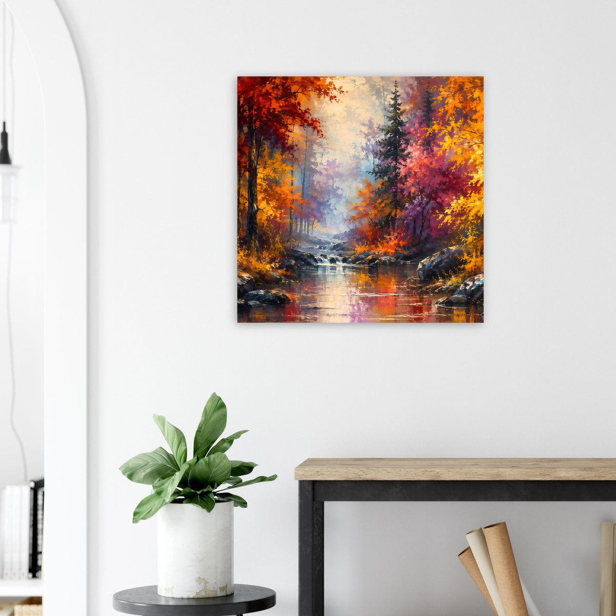 Quadratisches Panorama-Poster: Herbstwald mit Fluss im Morgenlicht, warme Farben