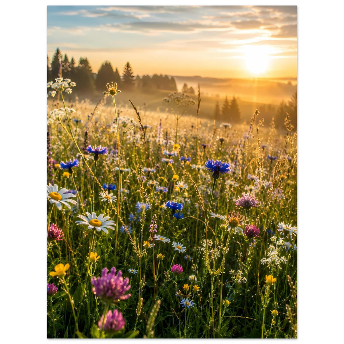 Sonnengeküsstes Wildblumenwiesen-Poster, Hochformat: bunte Wiese mit Abendsonne