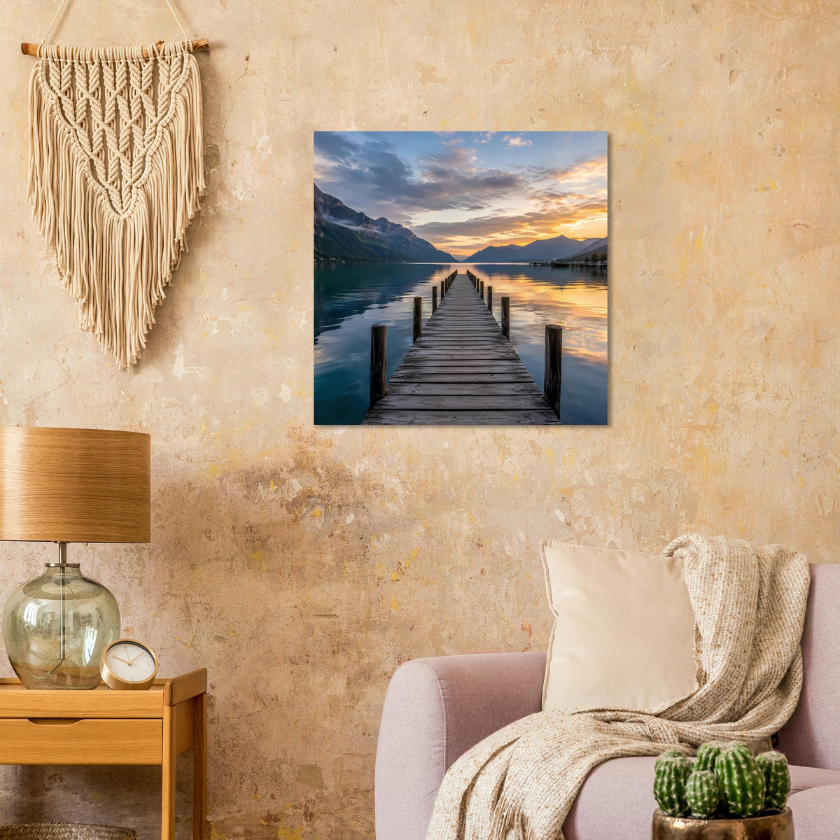 Quadratisches Poster mit Steg auf See, Sonnenuntergang mit Wolken am Horizont