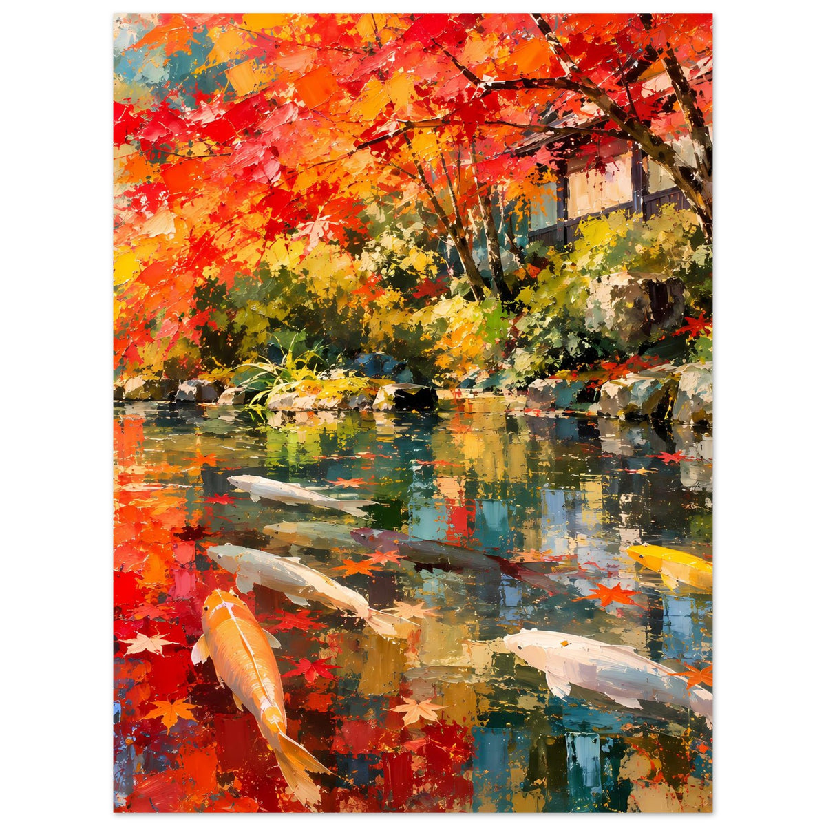 Herbstliches Koi-Teich-Poster mit Fischen, bunten Blättern und Spiegelung im Wasser, vertikal