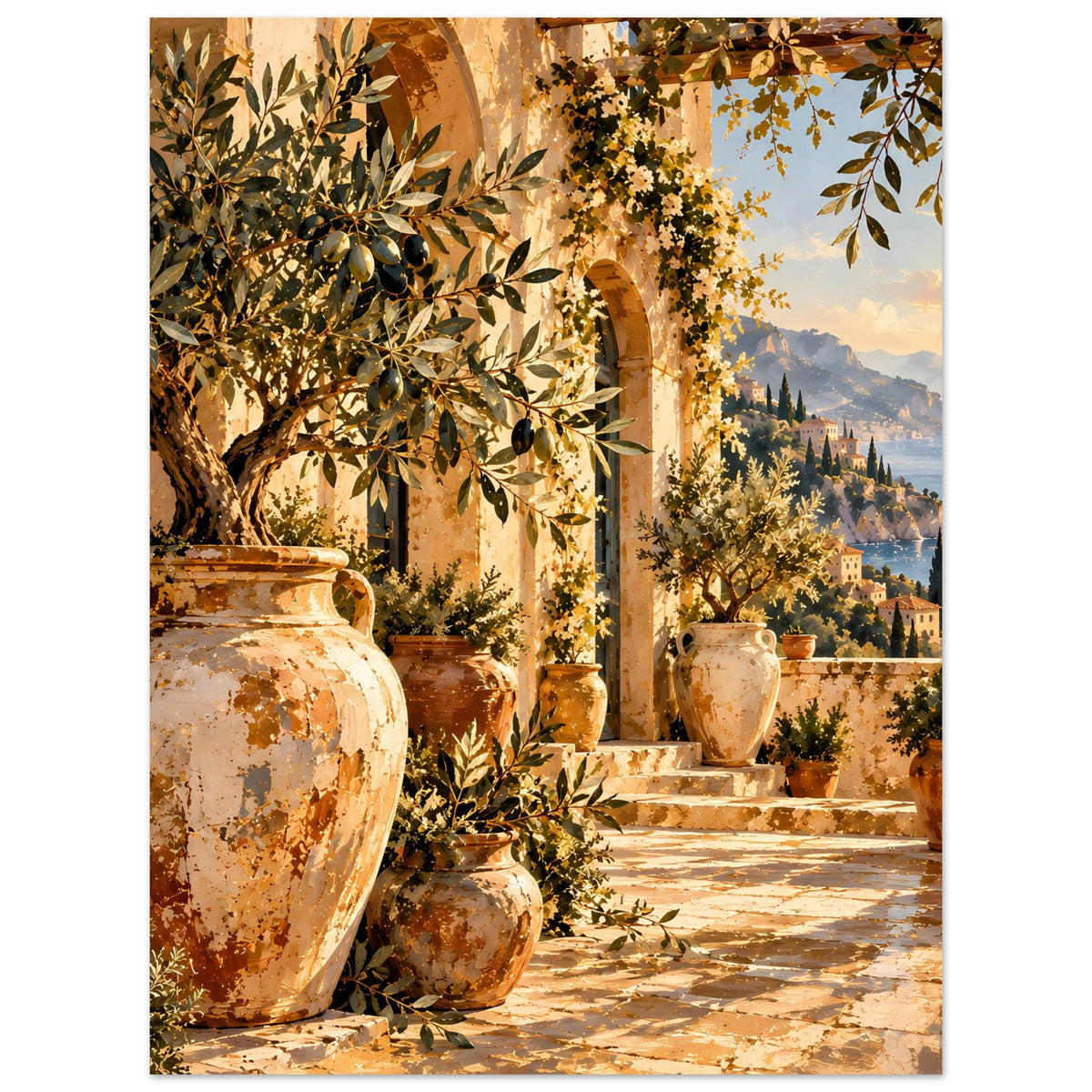 Posterdruck, vertikal: Olivenzweige, hohe Vase und Treppenweg mit Blick ins Tal