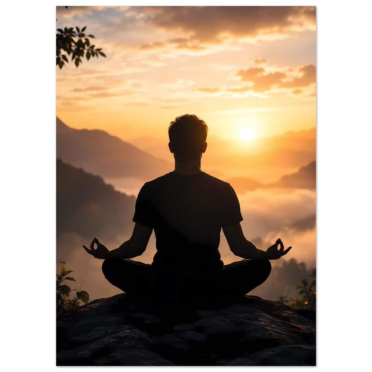 Poster mit meditativer Silhouette zwischen Bergen, warmes Licht der untergehenden Sonne
