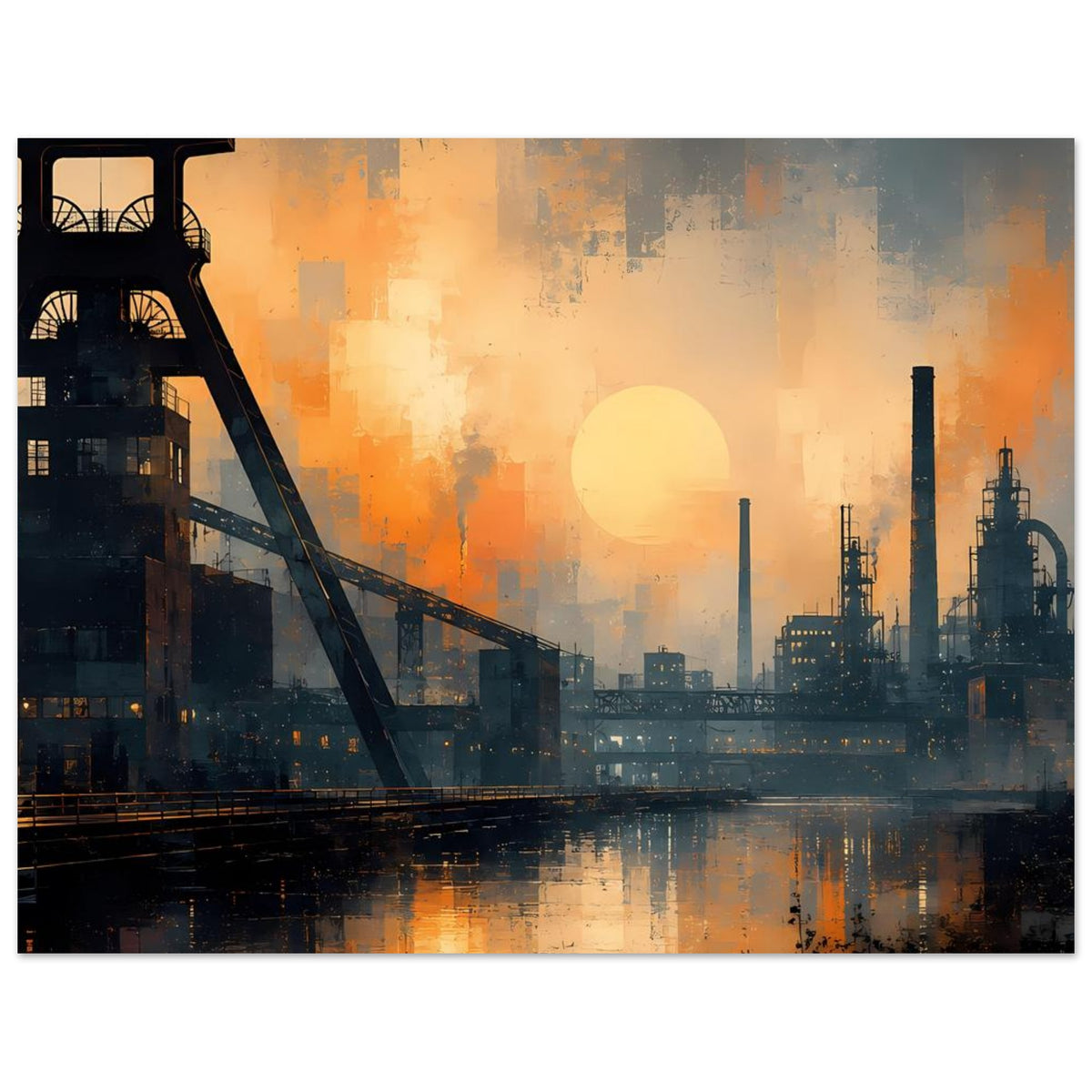 Industrie-Stadtpanorama Poster, breite Ansicht: Brücke, Sonne im Dunst und Fabrikschlote.