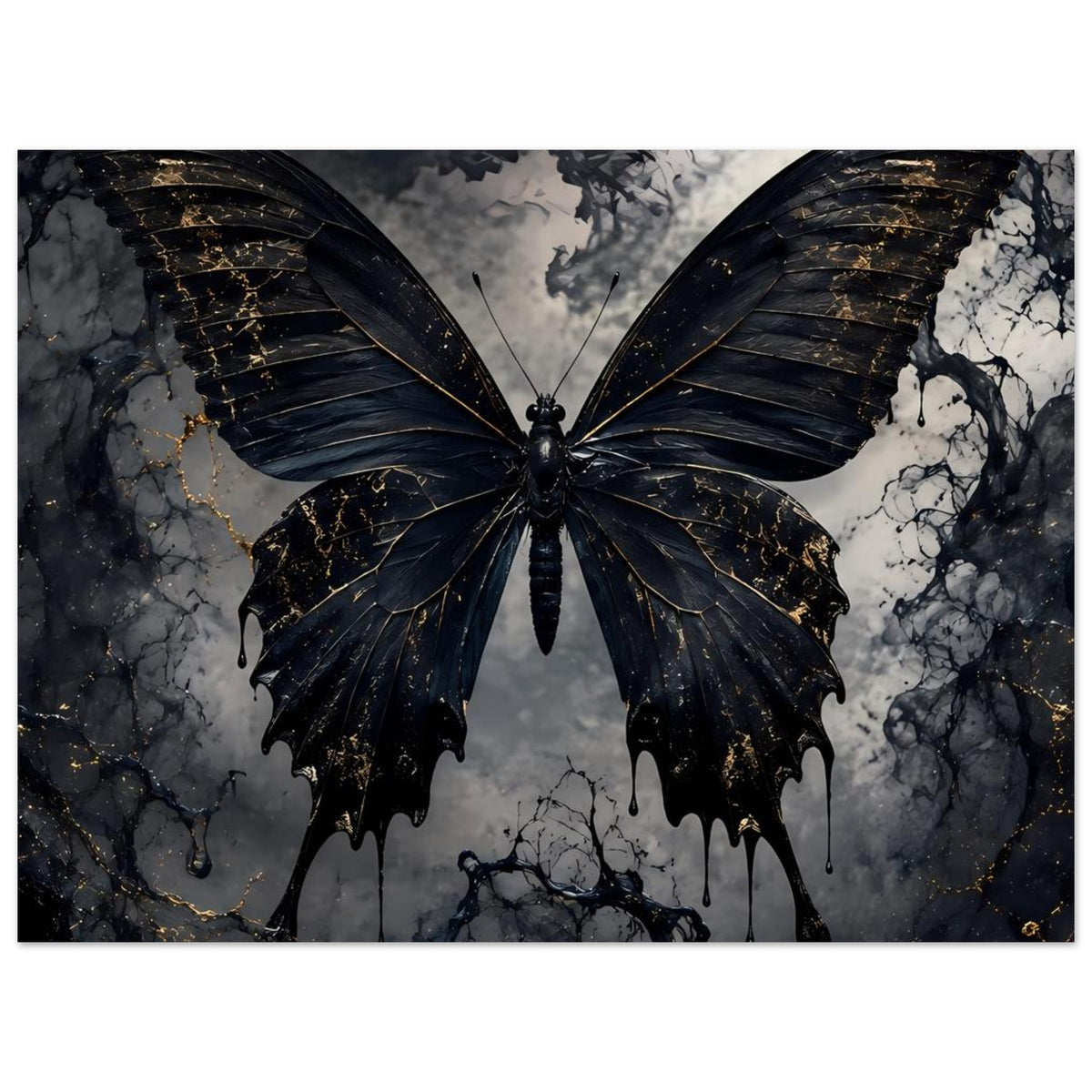 Schmetterlingsposter als Detailausschnitt: schwarzer Schmetterling mit goldenen Adern