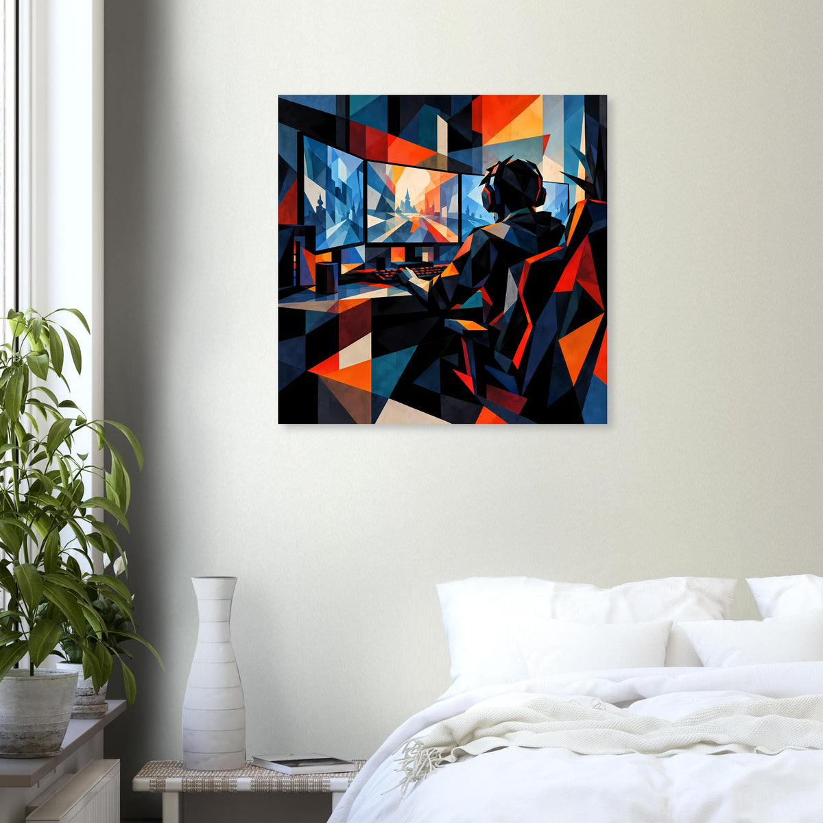 Wandposter: blau-oranges Abstraktbild mit Gamerfigur und geometrischen Dreiecken