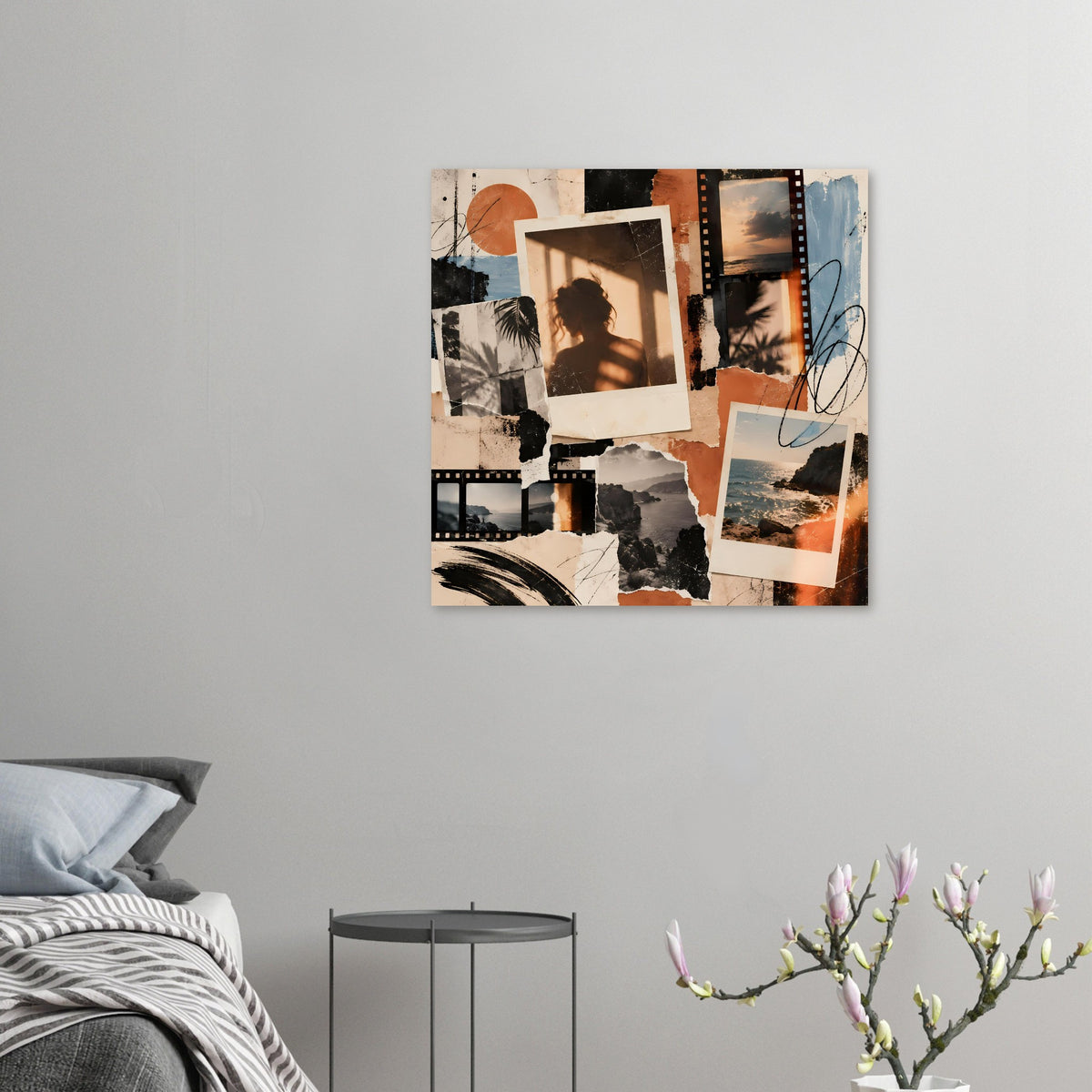 Kleines Vintage Collage-Poster mit mehreren Fotos, Filmstreifen und orange-blauen Akzenten