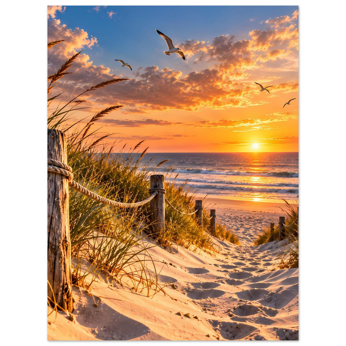 Strandposter mit warmem Sonnenuntergang, Dünenpfad, Möwen und Dünenzaun