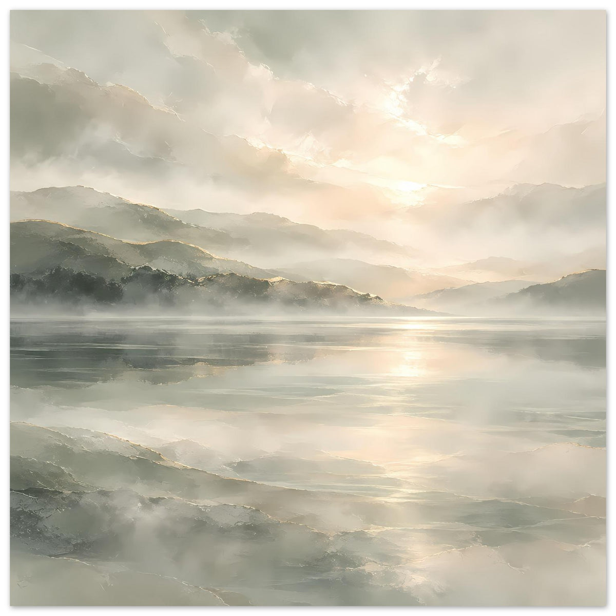 Poster mit Berg- und Seelandschaft bei goldenem Sonnenuntergang, mattes Finish