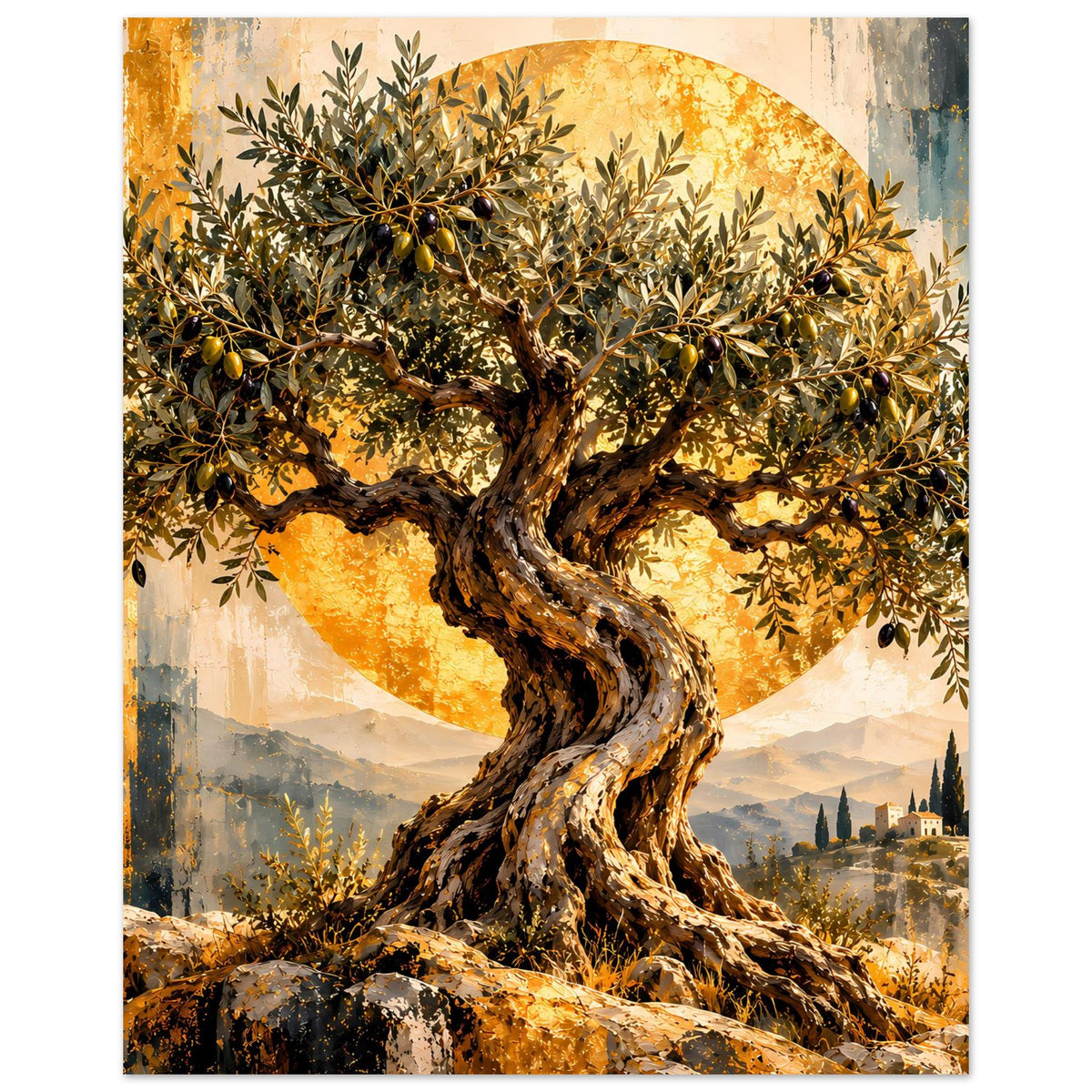 Poster mit Olivenbaum-Illustration: goldene Blätter, dunkler Stamm und großer Lichtkreis