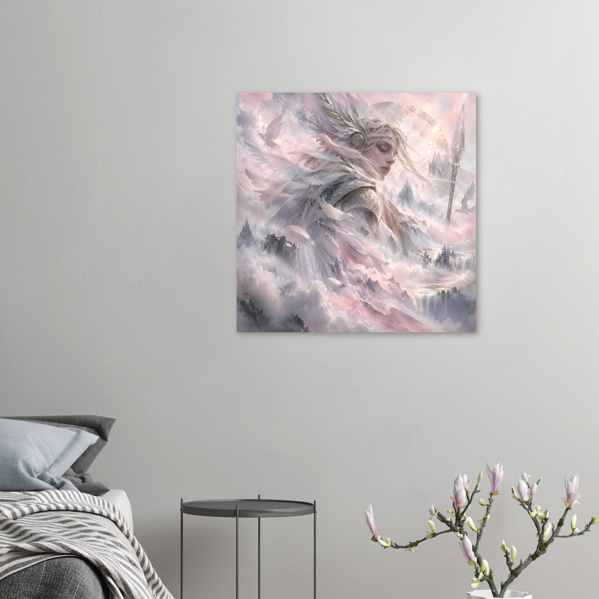 Nordisches Fantasy-Poster im Kleinformat: Walküre mit Federhelm, Flügeln und Speer