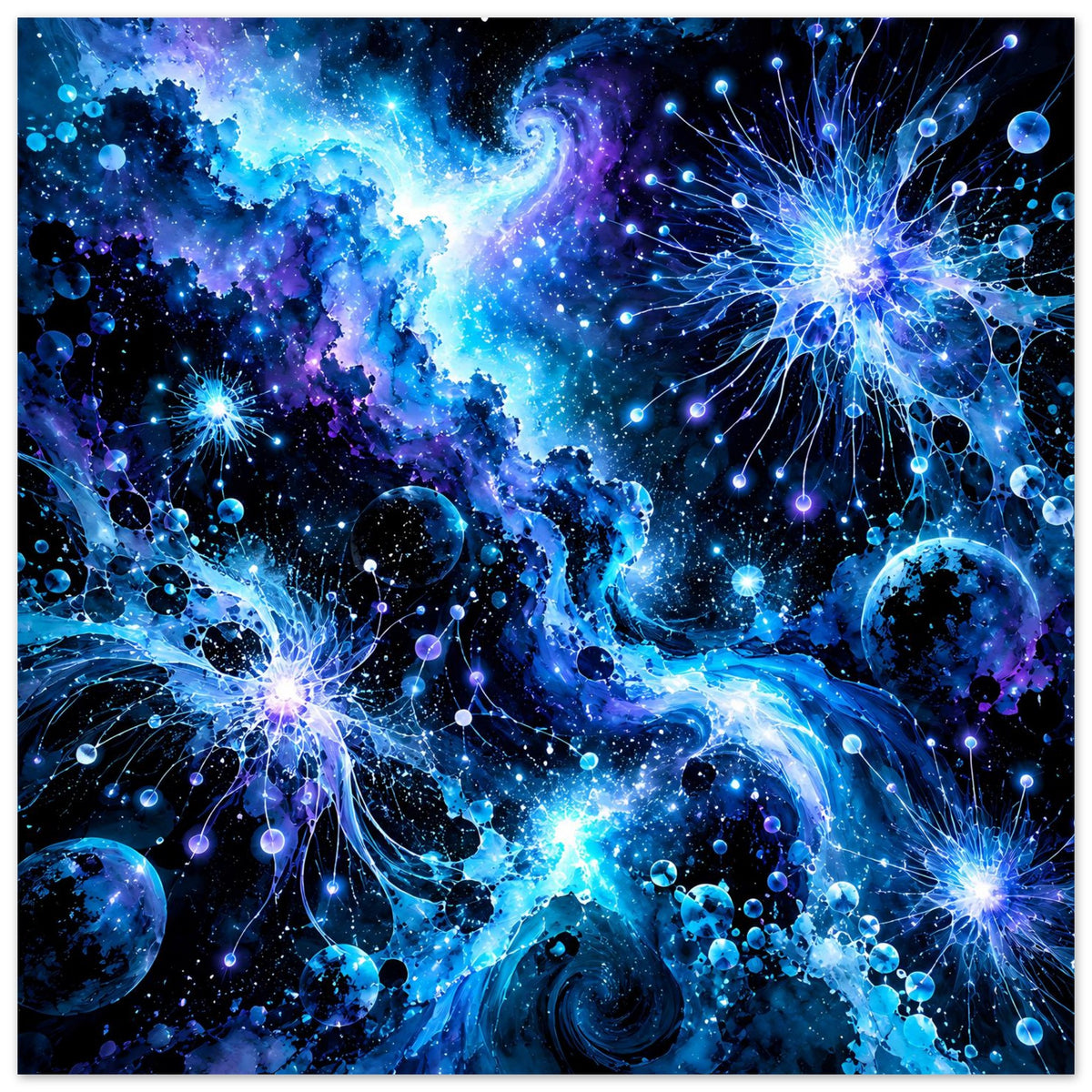 Galaktisches Poster, blaue Nebel und Planeten mit strahlenden Lichtlinien