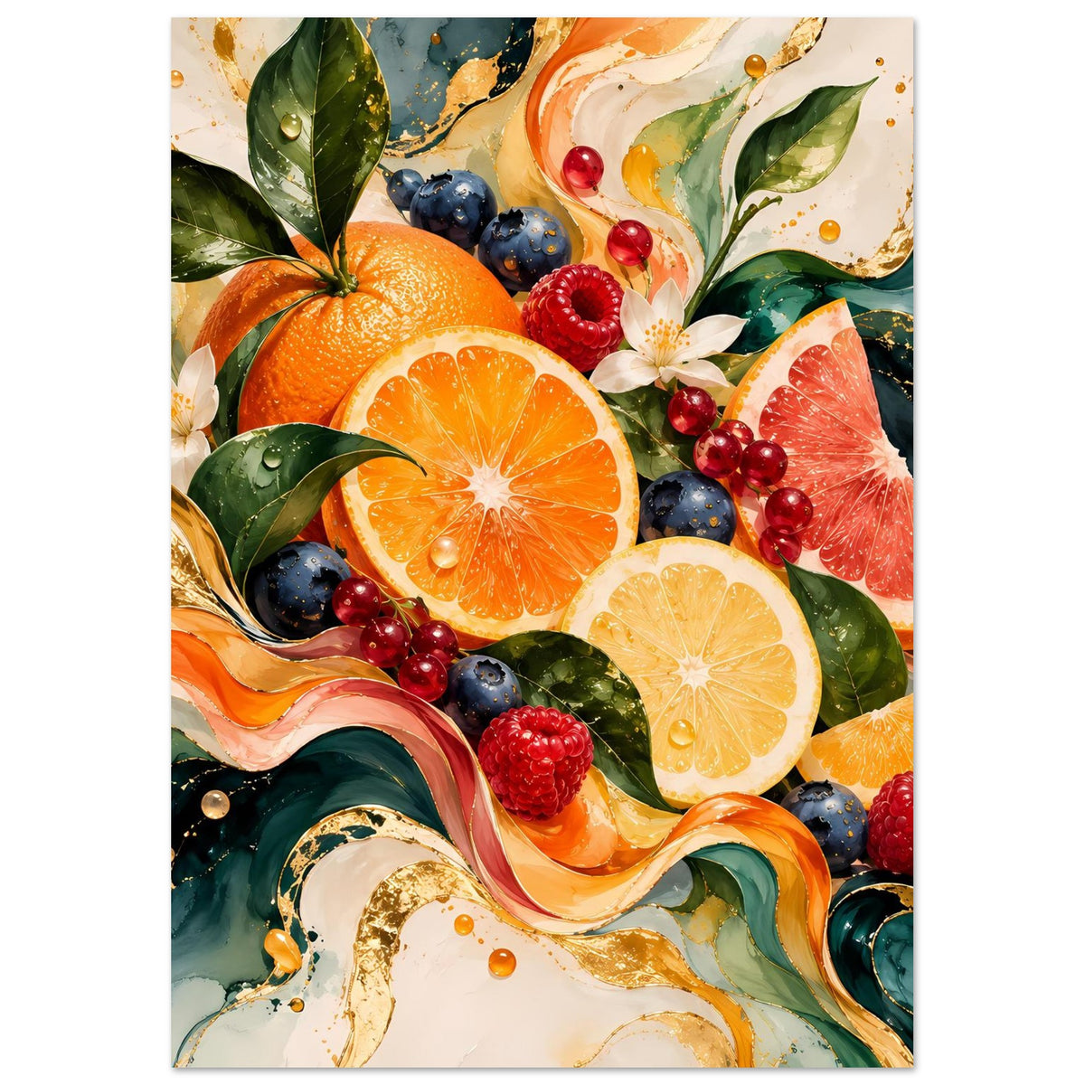 Poster mit Früchte-Illustration und bunten Sprenkeln: Orange, Grapefruit, Beeren