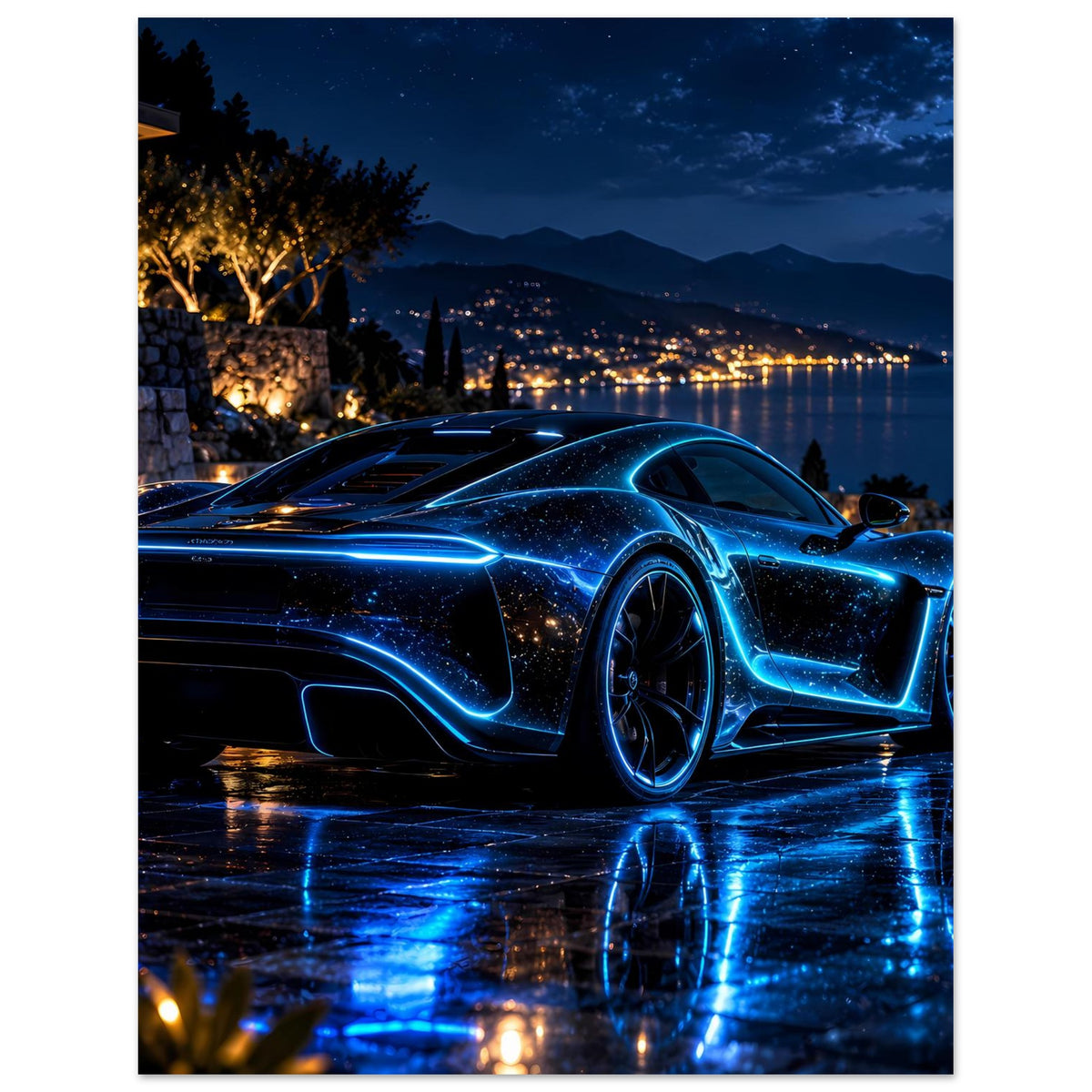 Poster im Hochformat: blauer Sportwagen mit Neonlinien, Vorderseite und Räder im Fokus