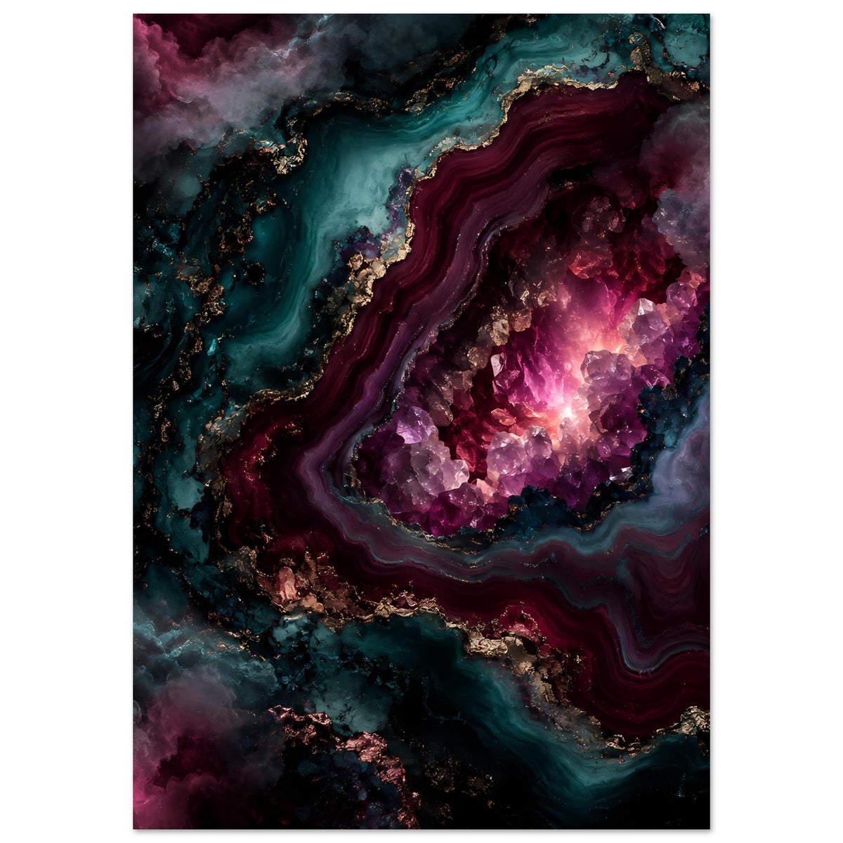 Kunstposter im Hochformat: türkisfarbene Adern, violette Geode und goldene Akzente
