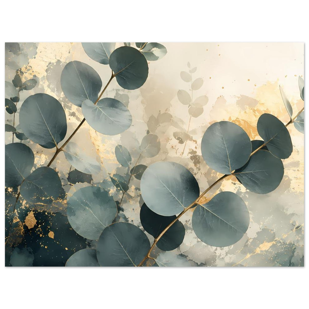 Eukalyptus-Poster mit großem Blattmotiv, goldenen Sprenkeln und pastelligem Hintergrund