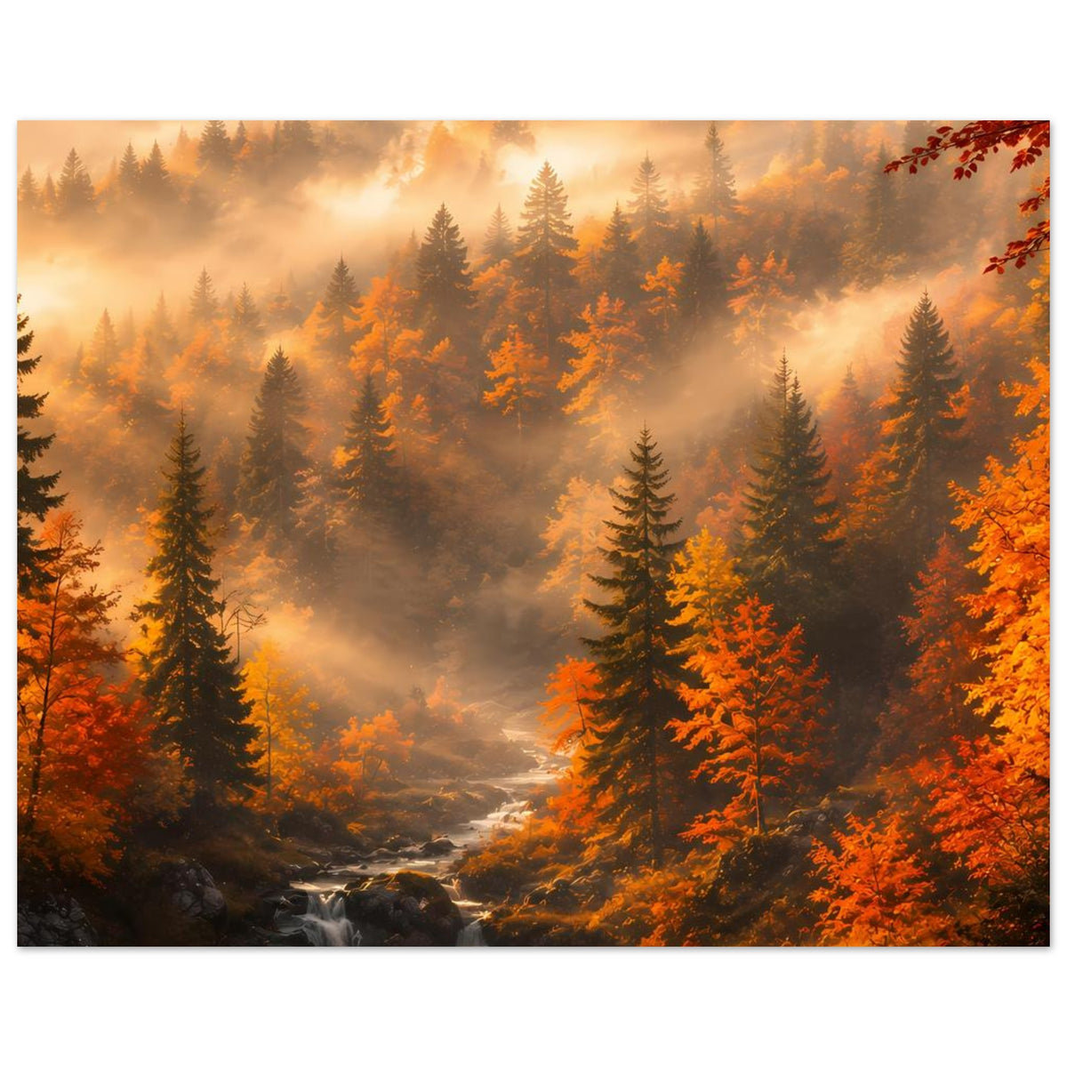 Herbstwald-Poster im Querformat: Nebel zwischen Tannen, goldorange Farbtöne, Waldpfad